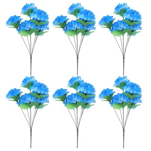 TOBBOMEY Bouquet di 6 Crisantemi Artificiali Realistici per Cimitero, Fiori Finti Durevoli in Colore Simbolico Blu, Decorazione Commemorativa per Tombe e Loculi Esterni
