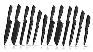 ZEPOLI 12 Pcs Kitchen Knife Set | Professional Kitchen Knife Set | Knife Kitchen Use Home | Meat Knife for Kitchen | Chef Bread Knife | Utility Knife | Anti Slip Grip Handles | Black (12 Pieces)