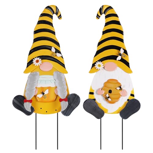 YEAHOME Metal Gnome Decorative Garden Stakes 2 Pcs Outdoor Garden Decor with Honeybee Ornament Spring Decorations Yard Art Stakes for Indoor Outdoor Patio Lawn (Yellow & Orange)