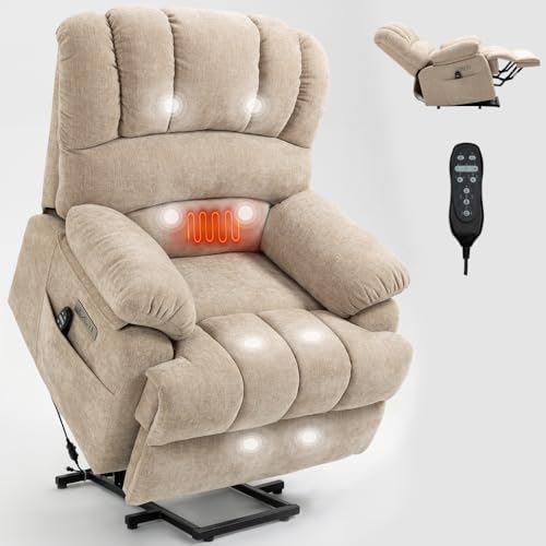 Image of Extra Large Power Lift Recliner Chair with Massage, Lumbar Heat, and USB Charging - Ideal for Enhanced Comfort and Mobility (42 x) (Beige + Chenille + Fiber Foam and Polyester Fiber Pa)
