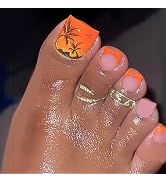 24Pcs Summer Press on Toenails Orange Beach Coconut Tree Design Fake Toe Nails French Tip Acrylic...