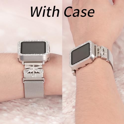Magnetic Band for Women Compatible with Apple Watch Band 38mm 40mm 41mm 42mm 44mm 45mm 46mm Milanese Stainless Steel Loop with Bling Protective Case, Dressy Metal Strap Replacement iWatch Band