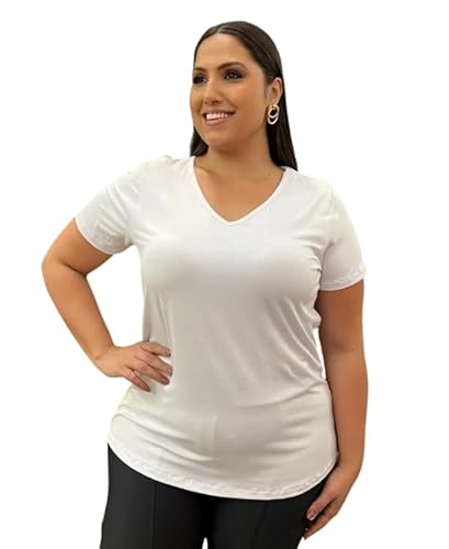 Baby Look Plus Size Gola V Básica Lisa Camiseta Feminina Tamanho:EXG;Cor:Branco