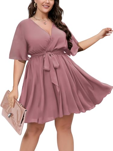 Image of SCOMCHIC Women's Plus Size Summer Dresses Short Sleeve Wrap V Neck A Line Skater Mini Short Dress XL-4XL