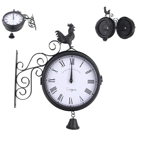 CLKAX Bahnhofsuhr Doppelseitig 20cm Zifferblatts Retro Wandmontage Gartenuhr Analoge Wanduhr mit Leises Uhrwerk 30 x 37 cm für Garten Bahnhof Schlafzimmer Wohnzimmer Büro
