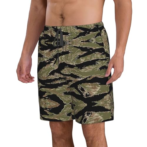 Tiger Stripe Camo Print Men's Swim Trunks | Quick Dry Drawstring Beach Shorts2