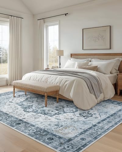AMADA HOMEFURNISHING 9x12 Area Rug, Washable Low-Profile Large Area Rug with Non-Slip Backing & Durable Edge Binding, Vintage Large Rugs for Living Room, Bedroom