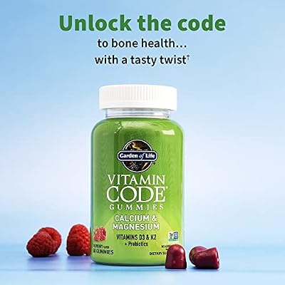 Garden of Life Vitamin Code Calcium Magnesium Gummies with D3 & K2, Supports Bone Health & Bone Strength + Prebiotics & Probiotics for Digestive Support, Non-GMO, Gluten-Free, 60 Raspberry Gummies
