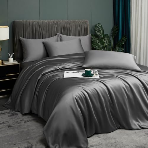 Luofanfei Housse de Couette 220x240 Gris Anthracite Bambou Polyester Adulte 2 Personnes Parure Linge de lit Uni Lisse Soyeux Brillant Modern Ensemble Literie...