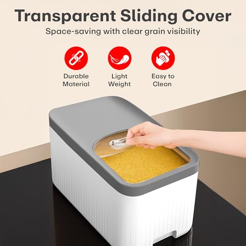 Image of Rioware Rice Storage Container 10Kg Kitchen Dispenser Set Containers | Airtight Moisture Proof Plastic Grain Dispensers | Rotating Daal Store Box For Pulses Dal, Cereals - Greyish White Ricelux