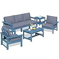 SERWALL HDPE Patio Furniture Set, 7-Piece Outdoor Sectional Sofa Set, All Weather Outdoor Couch Set for Deck, Lawn, Blue Frame with Grey Cushion