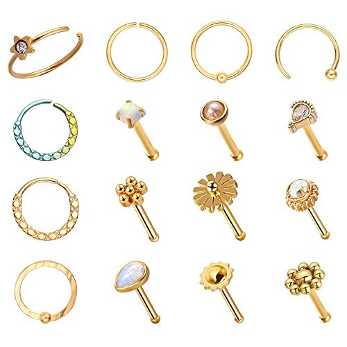 WASOLIE 16 PCS Gold Nose Studs for Women Surgical Steel Nose Piercings Jewelry Screw Men Black Nose Piercing Rings.