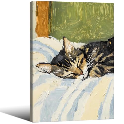 Sleeping Tabby Cat Canvas Wall Art Cute Fun Animal Aesthetic Poster 16X24 inch Framed Retro Pet Portrait Oil Painting for Living Bedroom Apartment Wall Decor