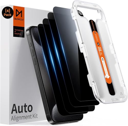 DIMONCOAT 4-PACK for iPhone 15 Pro Max Privacy Screen Protector [Auto Alignment Kit] [10X Military Protection] Tempered Glass Film Compatible with 15 Pro Max 6.7 inch [Case Friendly]