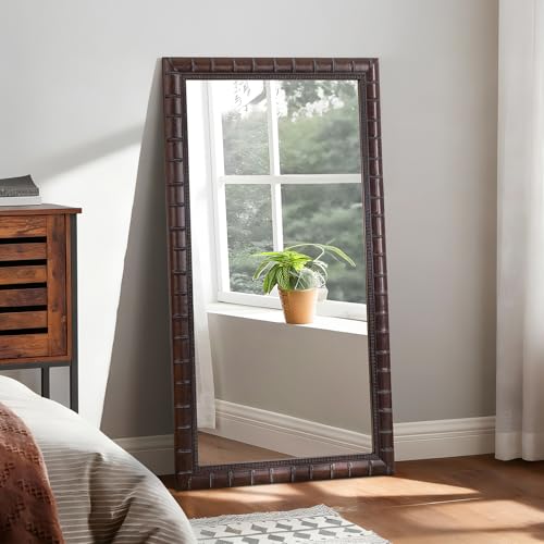 Image of Large Brozne Decorative Mirror for Living Room, 53'' x 29'' Antiuqe Dining Room Mirrors with Bamboo-Joint Frame, Classic Vintage Brozne Wooden Mirror for Entryway, Fireplace, Horizontal /Vertical