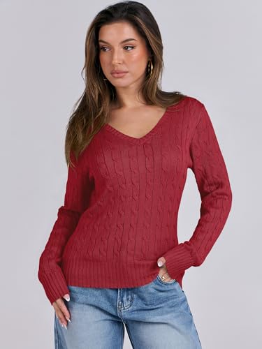 Image of ANRABESS Women's Cable Knit V Neck Fitted Sweaters