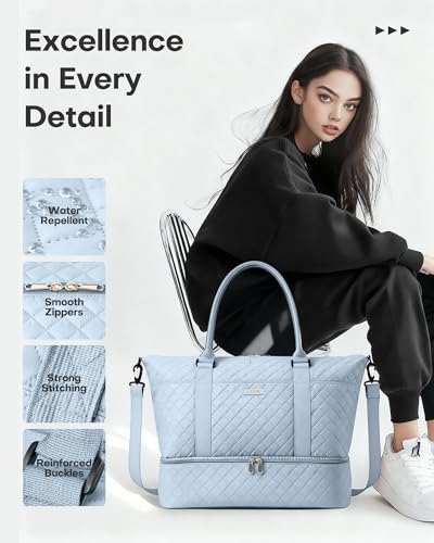 Image of HOTOR Travel Duffel Bag - Weekender Bags for Women, Carry On Gym Tote Bags | with Toiletry Bag & Shoe Compartment, Overnight Bag for Travel Essentials and Travel Accessories, Blue, 15.8 inchx18.1 inchx8.7 inch