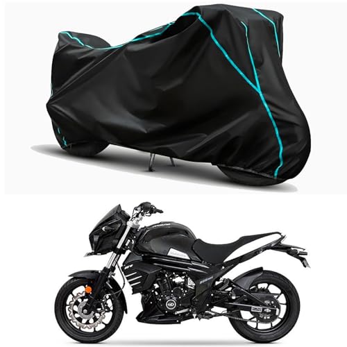 Image of Waterproof Bike Body Cover Compatible for | Mahindra Mojo 300 Pearl | Taffeta Fabric, Sky Piping Design, Bottom Elastic Fit | Dustproof, Sun UV & Rain Protection for All Weather.