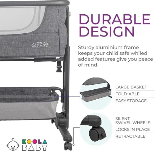 Image of KoolerThings Baby Bassinet, Bedside Sleeper for Baby, Easy Folding Portable Crib with Storage Basket for Newborn, Bedside Bassinet, Comfy Mattress /Travel Bag Included (Bassinet) (Grey)