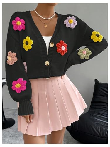 Image of SHENHE Women's Button Down Flower Cardigan V Neck Open Front Knit Crop Cardigan Sweater