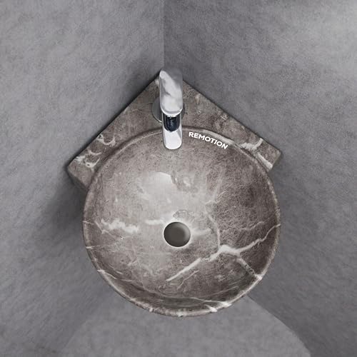 Image of REMOTION Wall Mounted Wash Basin for Bathroom | Wall Hung Corner Sink | Ceramic Round Wall Hung Wash Basin | Wall Hung Small Corner Basin (16.3 x 13.8 x 4.3 Inch) (Designer Grey)