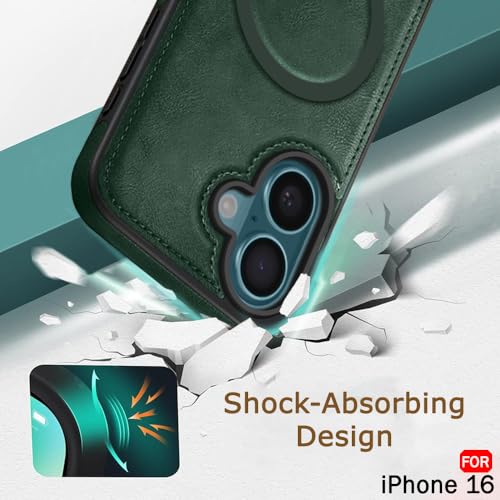 Image of TheGiftKart Genuine Leather Finish Back Cover Case for iPhone 16 | Shockproof Design | Raised Edges for Camera & Screen Protection | Stunning Minimalist Design Case Cover (Compatible MagSafe, Green)