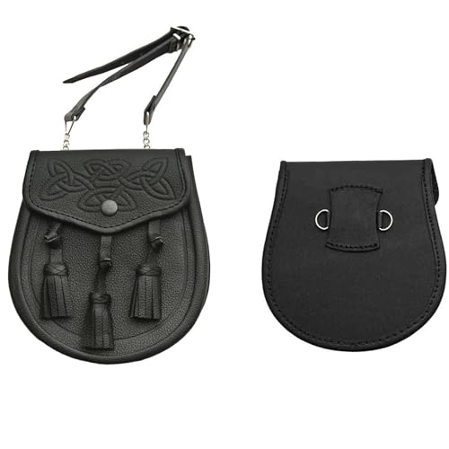 SZCO Medieval Sporran 8 Inch - Black Embossed Celtic Knot Leather Pouch with Tassels - Scottish Kilt Sporran with Chain Belt for Men - Medieval Bag for Costume & Renaissance Accessories