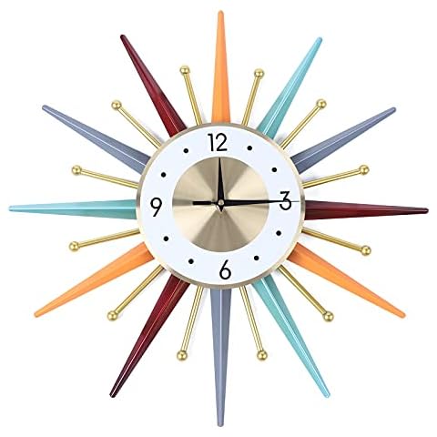 WoShewNu Large Wall Clock 22 Inch Modern Wall Mount Clock Starburst Mid-Century Decor Non-Ticking Battery Operated Colorful Clock Home Decoration for Living Room Bedroom Kitchen Office Cover