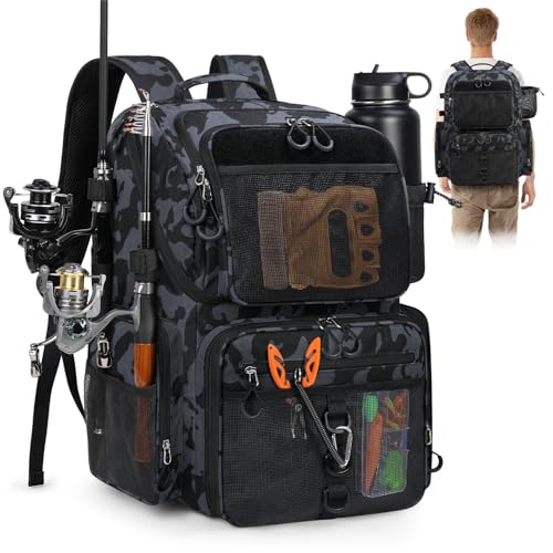 RAINSMORE 45L Fishing Backpack with Rod Holder & Waterproof Rain Cover, 900D Heavy-Duty Adjustable Compartments Fishing Tackle Bag Storage Fishing Gear - Gift for Men, Dad (Black and Blue Camouflage)