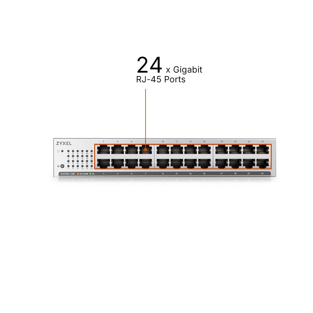 Zyxel Switch Ethernet de 24 Puertos | Unmanaged Gigabit | GS1100-24E | 24x Puertos GbE, Sin Ventilador, Kit de Montaje en Rack Incluido, Doble Puerto SFP, Compatible con MDI/MDI-X Automático