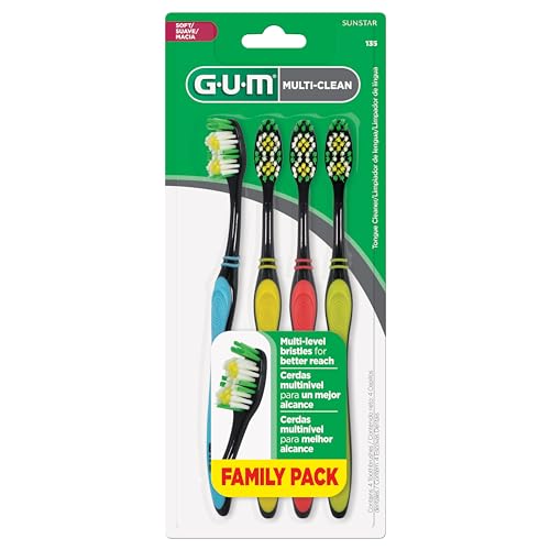 Image of GUM Multi-Clean Toothbrush, Soft Multi-Level Bristles, Medium Head, 4 Count (Pack of 3)