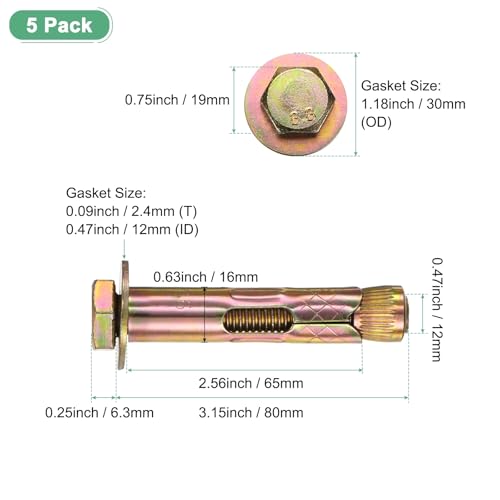 Image of M METERXITY 5-Pack Hex Expansion Bolt, M12x80mm Colored Galvanized Iron-Carbon Steel External Hex Expansion Bolts, Anti-Corrosion Metal Bolt for Concrete /Dry Brick /Block Walls