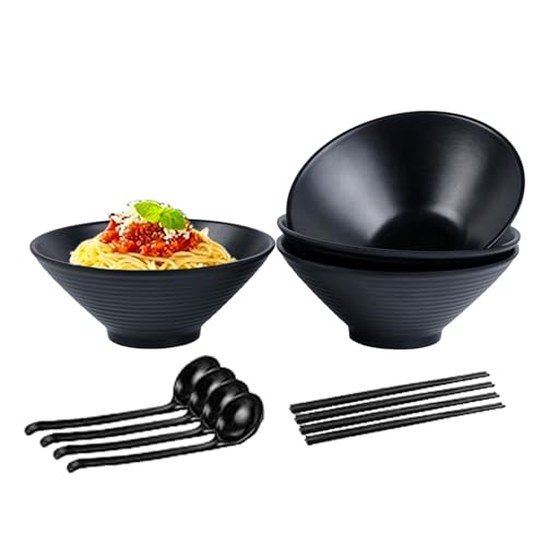 Ramen Bol en mélamine 4 pièces ensemble de vaisselle japonaise 1,18 L, Ensemble de bols à ramen noirs 20 cm vaisselle en mélamine durable bol à nouilles, grande capacité bol à pâtes idéal pour salade