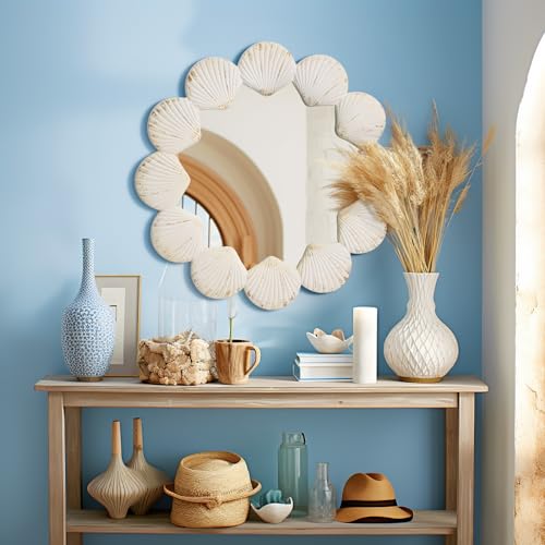 GLCS GLAUCUS Shell Round Mirror 24 Inch Circle Coastal Wood Rustic Farmhouse White Seashell Wall Mirror for Bathroom Bedroom Vanity Entryway Hallway