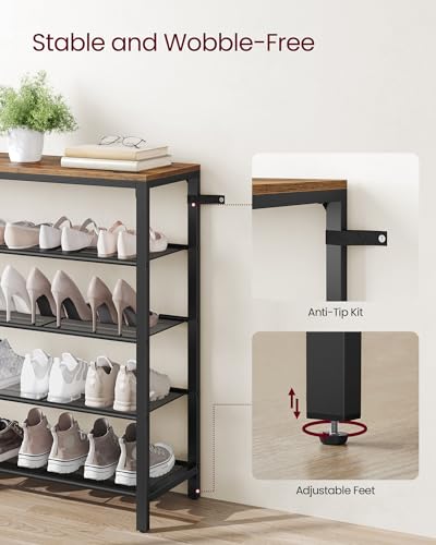 Image of VASAGLE Shoe Rack, 5-Tier Shoe Storage Organizer with 4 Metal Mesh Shelves for 16-20 Pairs and Large Surface for Bags, for Entryway, Hallway, Closet, Industrial, Rustic Brown and Black ULBS15BX