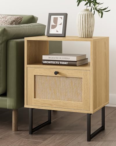 Image of Masupu Extra Large Rattan Nightstand,Modern Boho Farmhouse Wood Bedside Table with Storage Drawer and Open Shelf, Black Frame Side End Table for Bedroom,Living Room,Office (Natural)