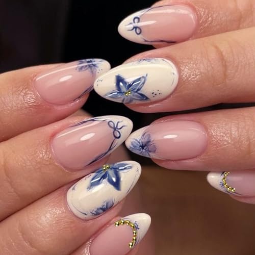 VOTACOS Almond French Tip Press on Nails Medium White Blue Flower Acrylic Fake Nails Press Ons with Designs 3D Bow Golden Bead Glue on Nail for Women 24PCS Reusable Artificial Stick on False Nail
