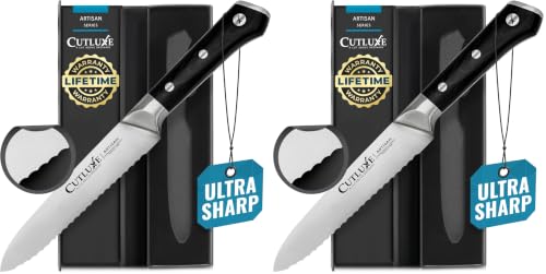 Image of Cutluxe Serrated Kitchen Utility Knife - 5 inch Tomato Knife - Ultra Sharp Blade, Ergonomic Handle, Full Tang, Forged High Carbon German Steel - Artisan Series (Pack of 2)
