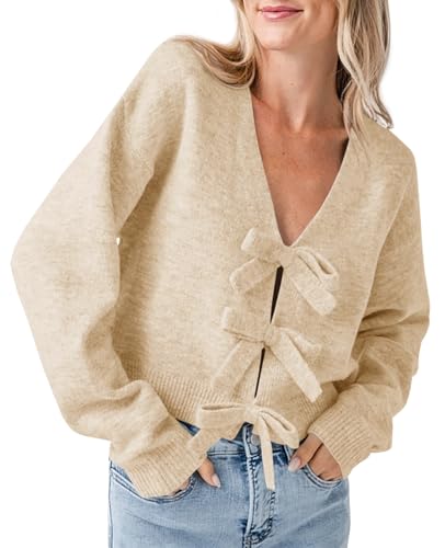 Image of Saodimallsu Womens Bow Sweater Cropped V Neck Long Sleeve Pullover Tops | Soft Cozy Knit, Two-Way Wear Design, Front & Back Bow, Cute Fall Tops 2026, Winter Fashion, Dressy Casual Holiday Outfits