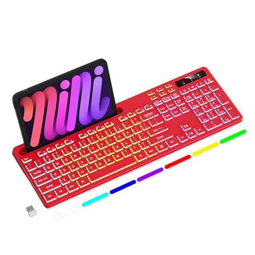 Image of Soueto Wireless Keyboard with 7-Color RGB Backlit, Full-Size Computer Keyboard with Phone Tablet Holder, 2.4G Rechargeable Gaming Keyboard with Light Up Keys, Compatible with Mac, Windows (Red)