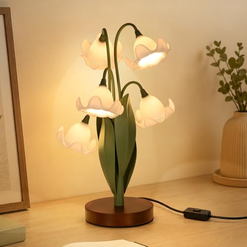 Flower Table Lamp for Bedroom, Cute Reading Light with 5 White Magnolia Flower of The Valley, Desk Lamp Bedside Lamps for Nightstands Home Decor,Soft Reading Night Light for Bedroom Living Room Office