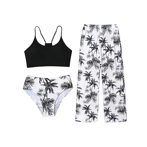 Traje de baño para niña de 3 piezas, traje de baño estampado, traje de baño de cintura alta con pantalones de cubierta, traje de baño hawaiano, para playa, 8-16 años, #A14, 14-15 años
