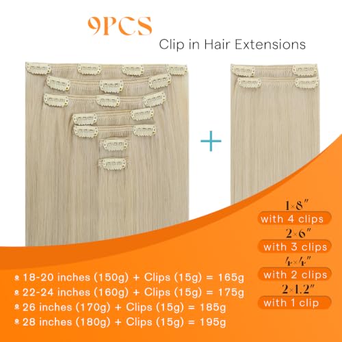 Image of Sunny Hair Clip in Hair Extensions Real Human Hair Blonde 170g 18 Inch | Clip in Human Hair Extensions Platinum Blonde, Full Head Coverage, for Birthday Party with Natural Looking Hair