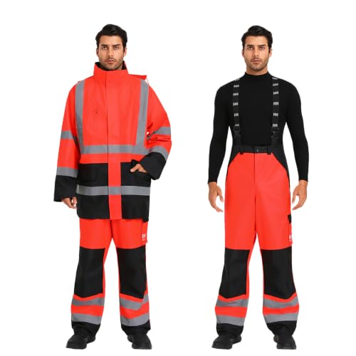 Image of 3-Piece Hi-Vis Rain Suit, Safety Jacket with Hood & Bib Overalls