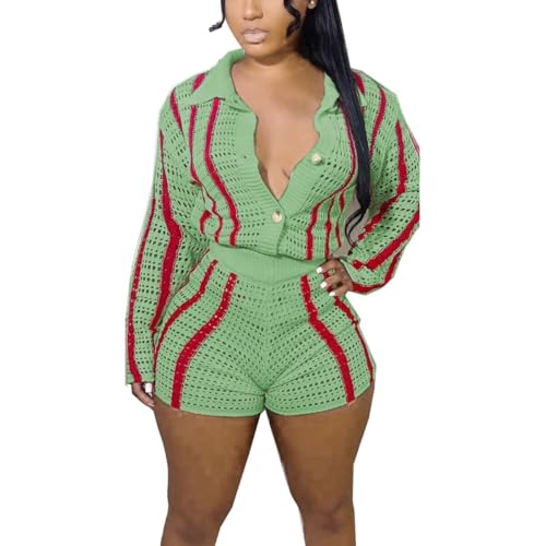 Image of Womens Fashion Stripe Knit Sweater Cardigan 2 Piece Outfits,Long Sleeved Woollen Cardigan and Shorts Suit