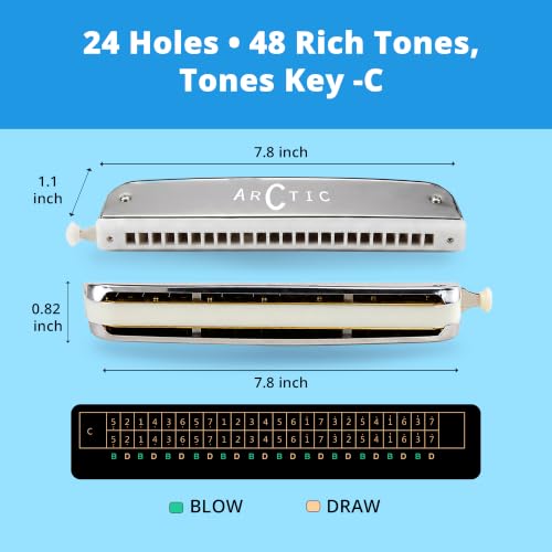 Image of ARCTIC C Key 24-Hole 48-Tone Chromatic Harmonica - Silver | Excellent Airtightness, Smooth Airflow, Easy Note Changes, Responsive Slide, Clear Expressive Tone