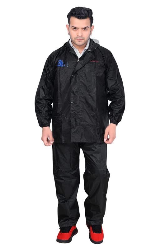 100% Waterproof (with Seam Sealed Taping) Polyester Raincoat (Jacket & Pant) with drawstring hood - XXL Size - Black Color-image-48