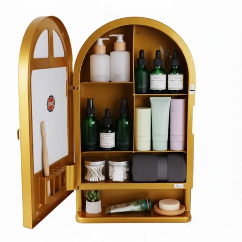 Image of CIPLA PLAST Ideal Wall Mounted Bathroom Mirror Cabinet with Storage Shelf, (Metalic Gold)
