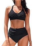 heekpek Costume Donna Due Pezzi Vita Alta Bikini Mare Costumi da Bagno Donna Curvy Push Up Imbottito Scollo a V Crociato Davanti Swimsuit, Nero, M