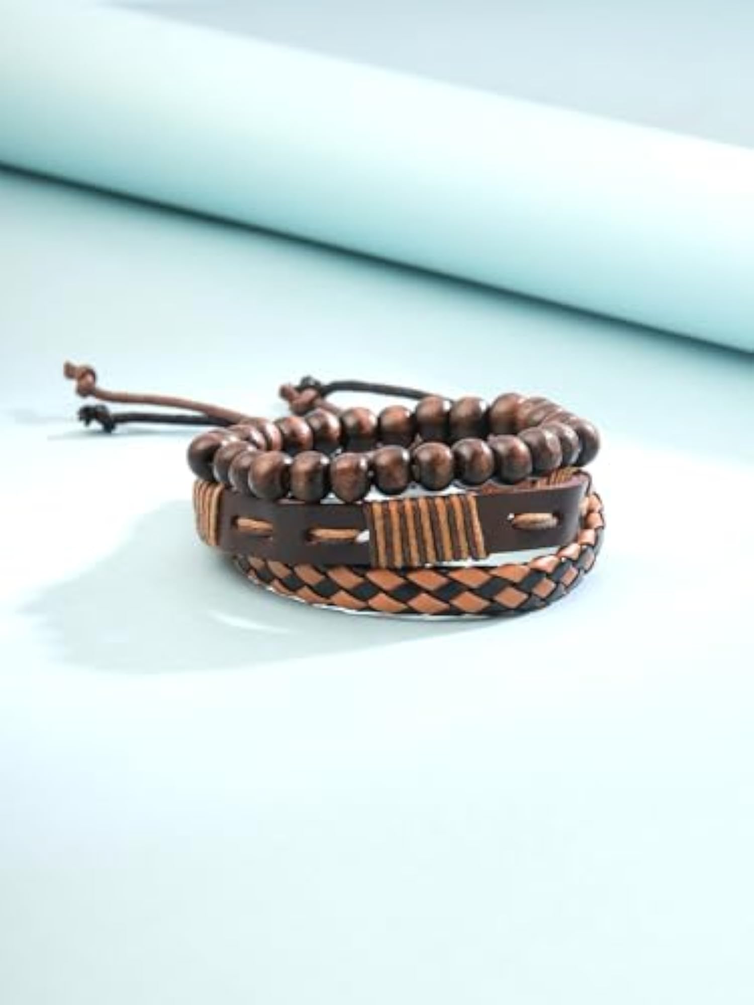 3Pcs Brown Leather Bracelets Combo, Birthday Gift